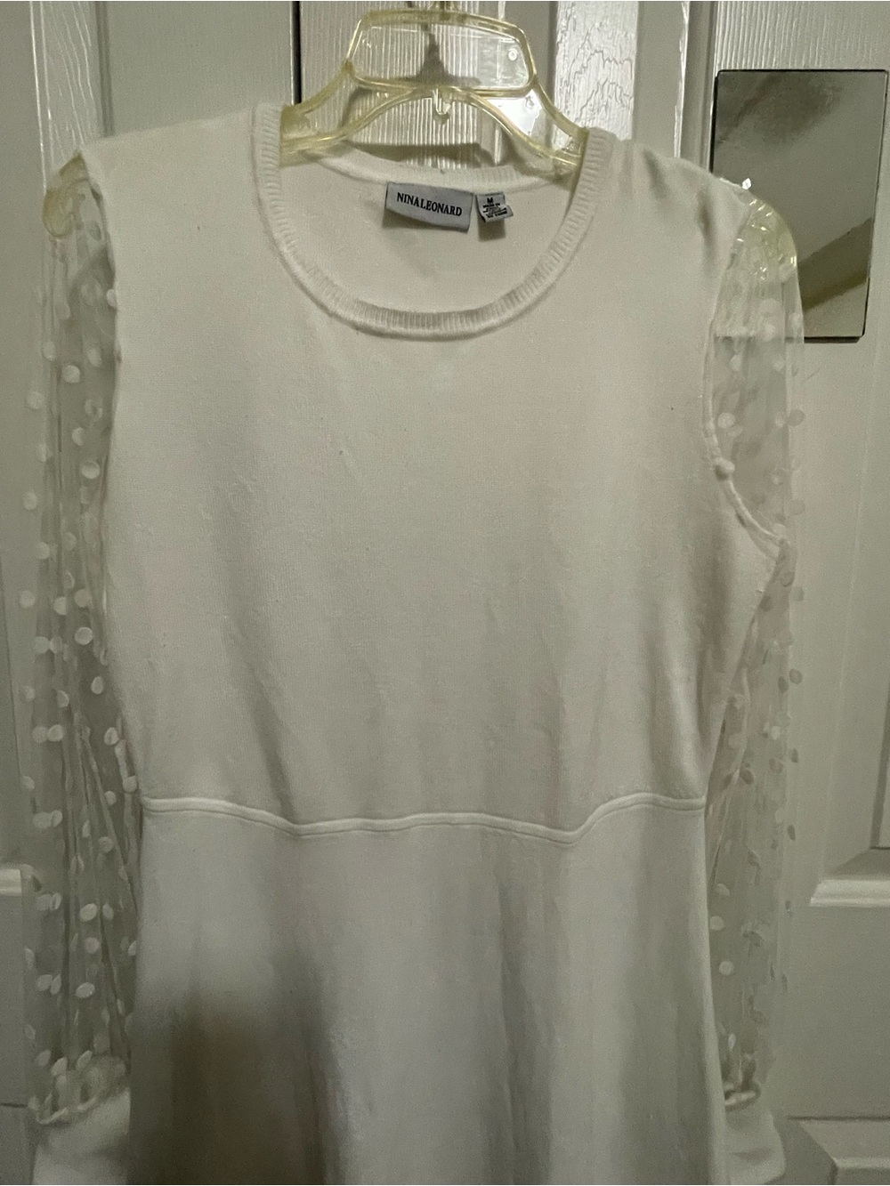 Nina Leonard Ivory Midi Dress with Sheer Polka-Dot Sleeves - Picture 4 of 7